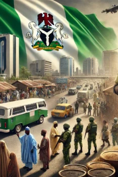 DALL·E 2025-01-28 10.43.36 – A powerful depiction of Nigeria’s security challenges in 2025, incorporating the national identity with the Nigerian flag subtly waving in the backgro