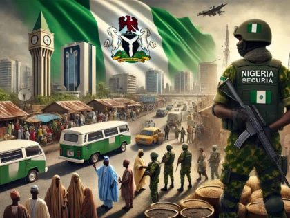 DALL·E 2025-01-28 10.43.36 – A powerful depiction of Nigeria’s security challenges in 2025, incorporating the national identity with the Nigerian flag subtly waving in the backgro